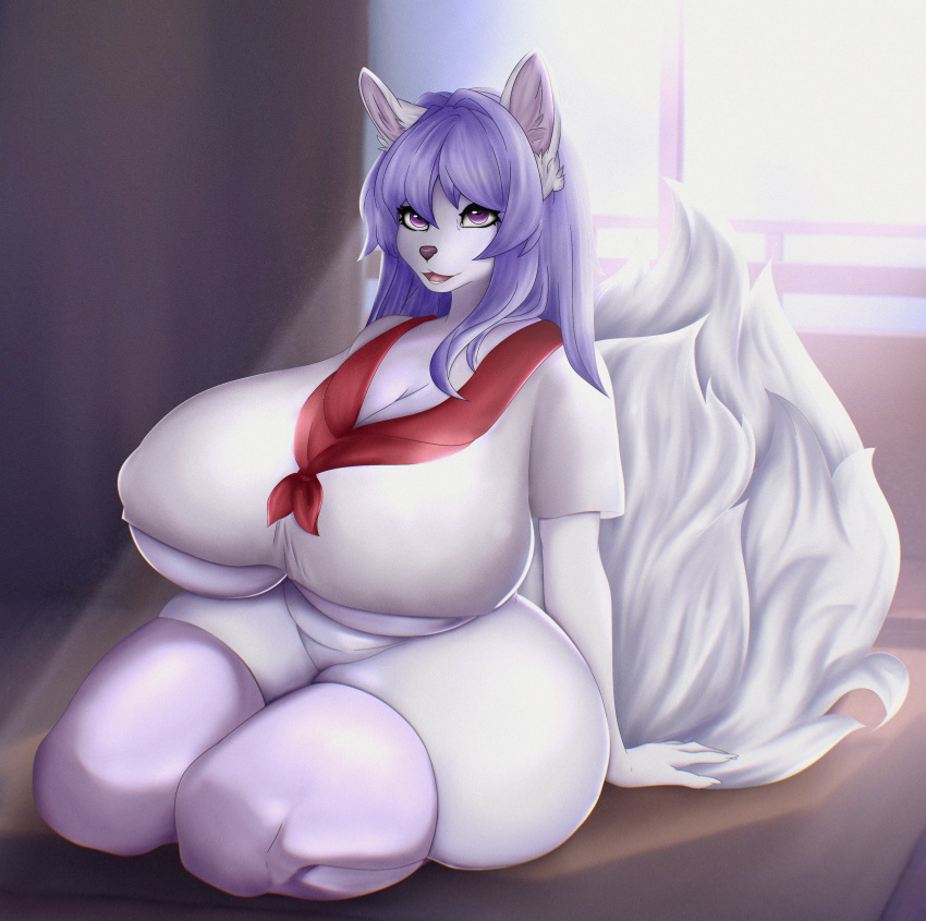 absurd_res anthro big_breasts breasts canid canine clothing female fox fur hi_res invalid_tag legwear mammal night_kota nipples nude paws school solo stockings thick_thighs uniform wide_hips