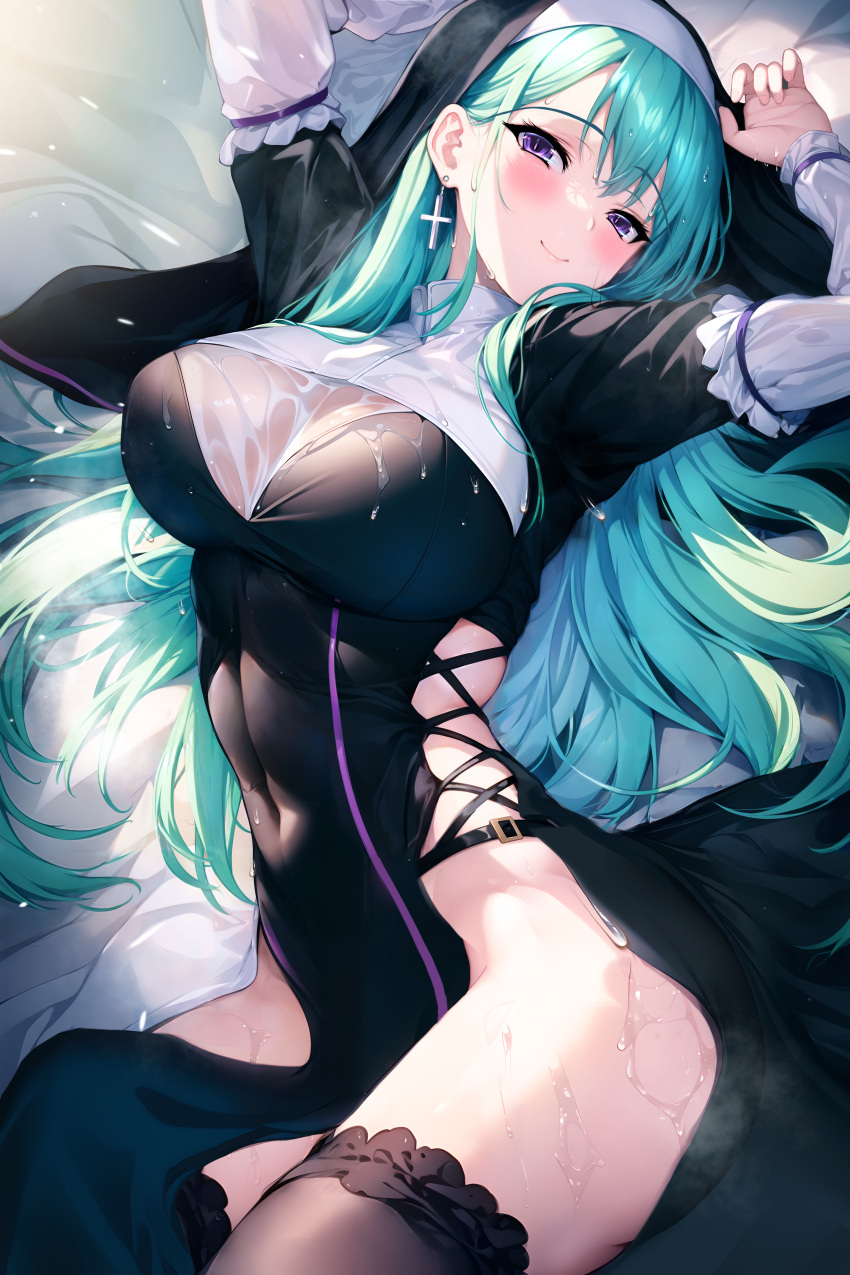 1girl absurdres arms_up black_thighhighs black_veil breasts closed_mouth clothing_cutout covered_navel cross cross_earrings earrings green_hair habit highres jewelry large_breasts long_hair long_sleeves looking_at_viewer lying no_panties nun on_back pelvic_curtain purple_eyes side_cutout smile solo sugiki thighhighs thighs veil virtual_youtuber vspo! wet wet_clothes yakumo_beni