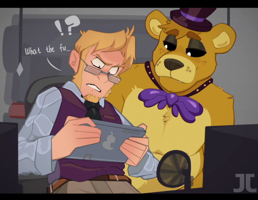 absurd_res anthro bear blonde_hair clothed clothing duo eyewear five_nights_at_freddy's fur glasses golden_freddy_(fnaf) hair hi_res human jumpy_jackal looking_at_another male mammal scottgames yellow_body yellow_fur