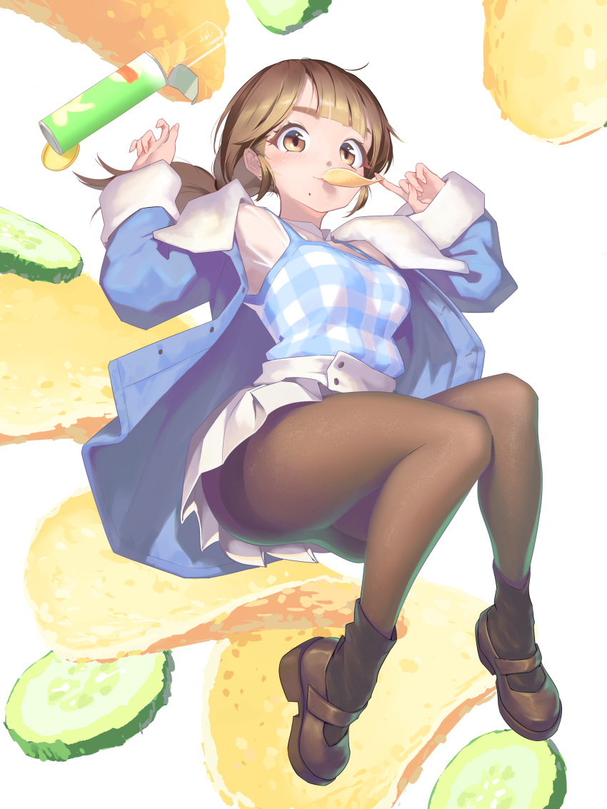 1girl absurdres amigo_(hua_cao) ass blush brown_eyes brown_hair chips_(food) floating food food_in_mouth full_body highres jacket looking_at_viewer mary_janes mole mole_under_mouth original pantyhose pickle ponytail shoes smile solo thighs