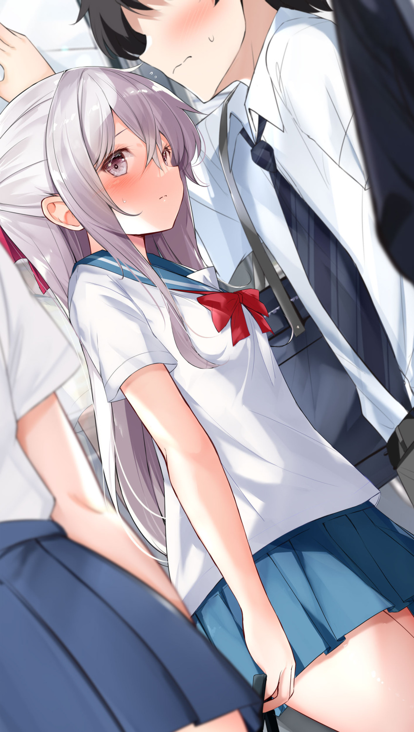 1boy 2girls absurdres bag blue_necktie blue_sailor_collar blush bow breasts closed_mouth collared_shirt cowboy_shot dutch_angle embarrassed faceless faceless_male from_side grey_eyes grey_hair hair_between_eyes hair_bow hamaken._(novelize) highres holding holding_bag indoors long_hair looking_at_viewer multiple_girls neck_ribbon necktie original pleated_skirt ponytail red_bow red_ribbon reflection ribbon sailor_collar school_bag school_uniform serafuku shirt short_hair short_sleeves shoulder_bag sidelocks skirt small_breasts solo_focus striped_necktie sweatdrop white_shirt