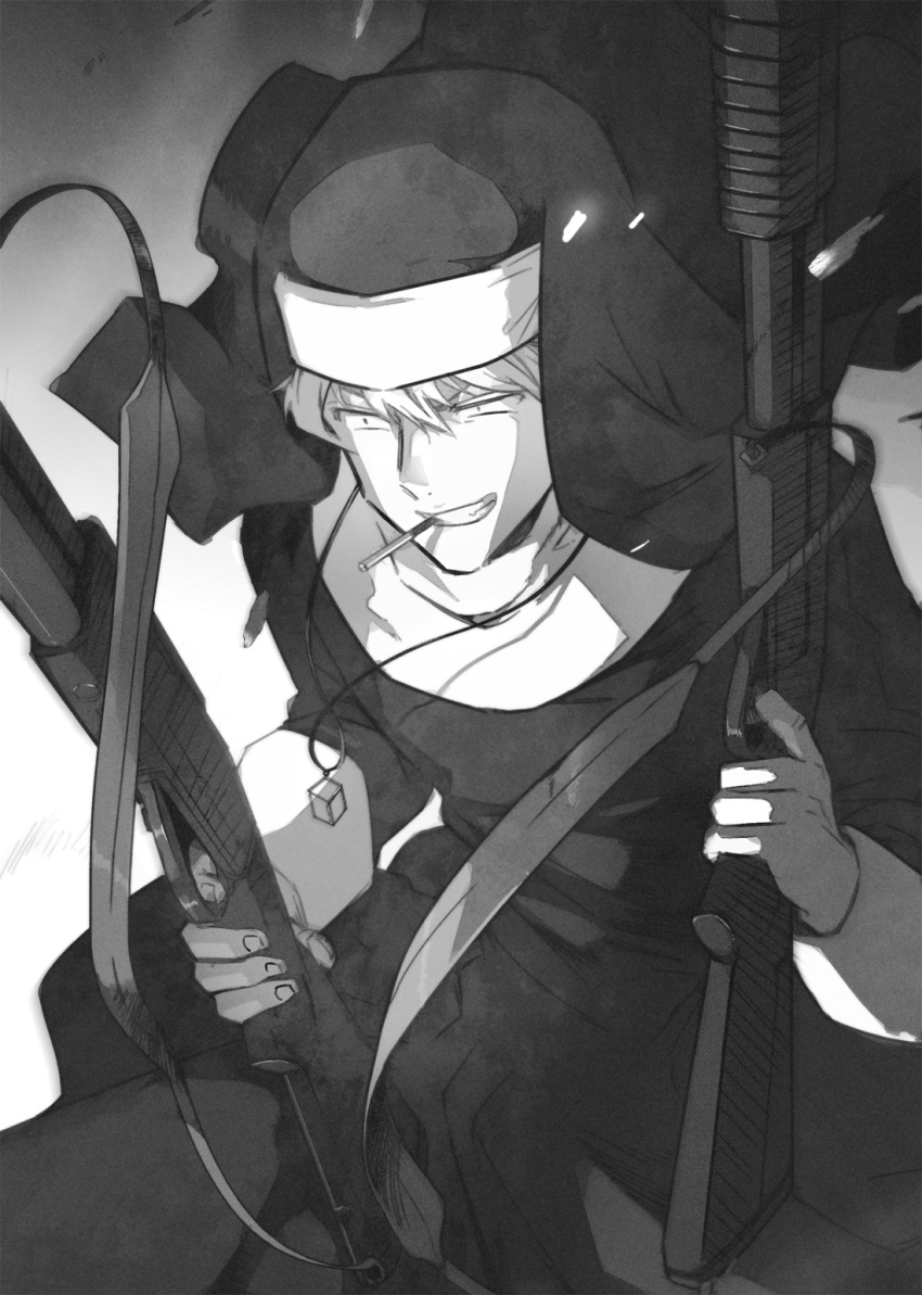 1boy cigarette cowboy_shot crossdressing cube dress dual_wielding finger_on_trigger greyscale grin gun habit hands_up highres holding holding_gun holding_weapon jewelry kzmsnmjkk long_sleeves looking_ahead male_focus monochrome mouth_hold necklace nun pendant smile solo suwa_koutarou traditional_nun turtleneck veil weapon world_trigger