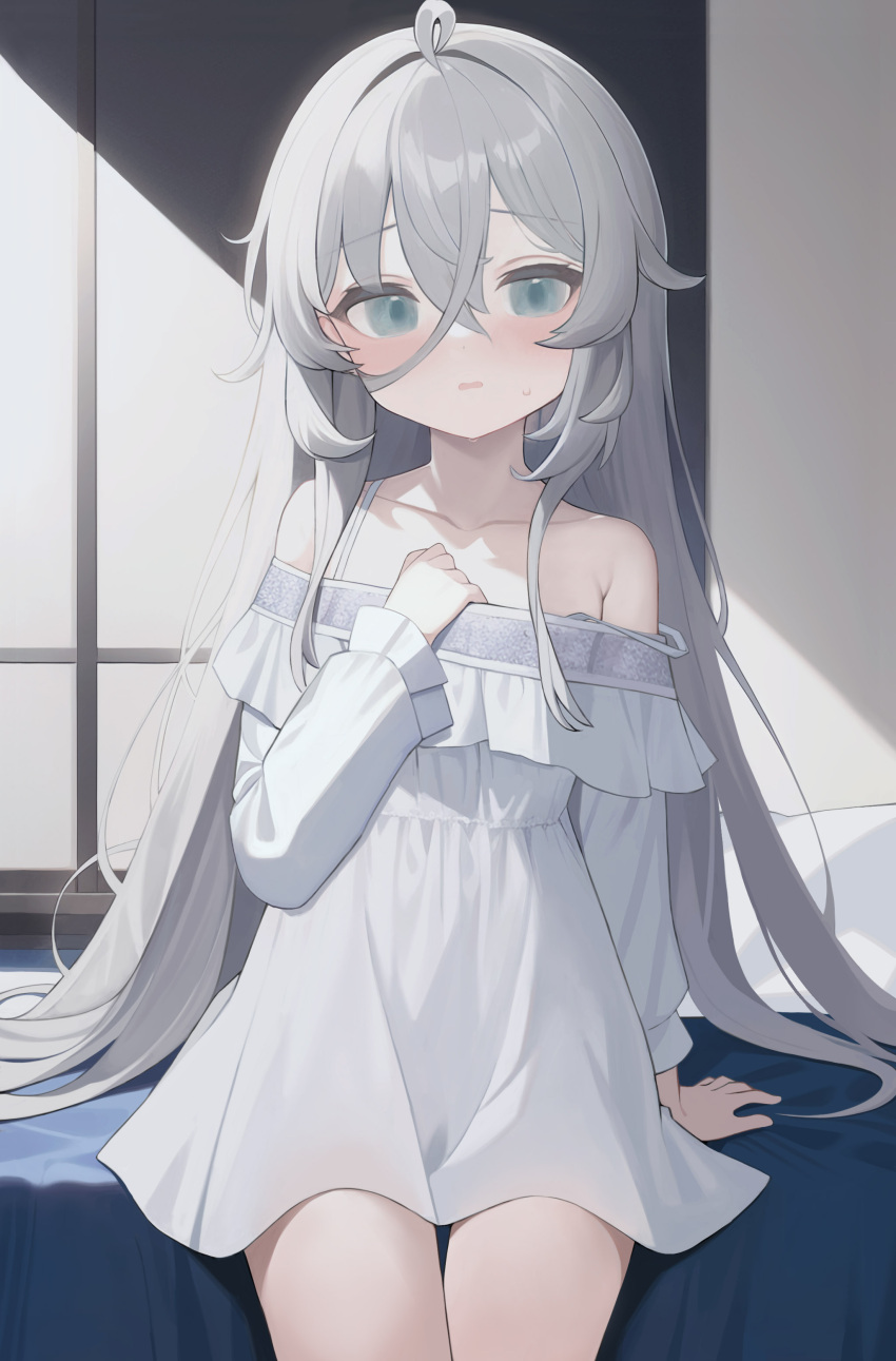 1girl :o absurdres ahoge anparu arm_support bare_shoulders bed blush collarbone commentary cowboy_shot crossed_bangs dress grey_eyes grey_hair hair_between_eyes hand_on_own_chest hand_up highres indoors long_hair long_sleeves looking_at_viewer off-shoulder_dress off_shoulder on_bed open_mouth original pillow short_dress sitting solo strap_slip sweatdrop very_long_hair white_dress