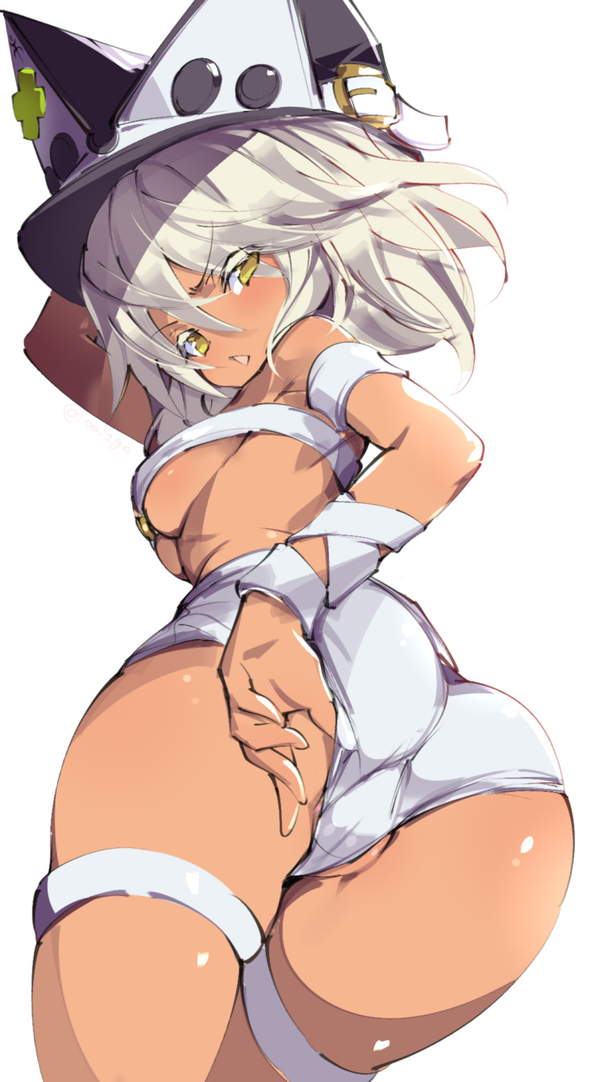 1girl ass belt_bra breasts dark-skinned_female dark_skin fujishima-sei_ichi-gou guilty_gear guilty_gear_xrd hair_between_eyes hat highres large_breasts long_hair looking_at_viewer ramlethal_valentine short_shorts shorts simple_background solo thigh_strap underboob white_background white_hair yellow_eyes