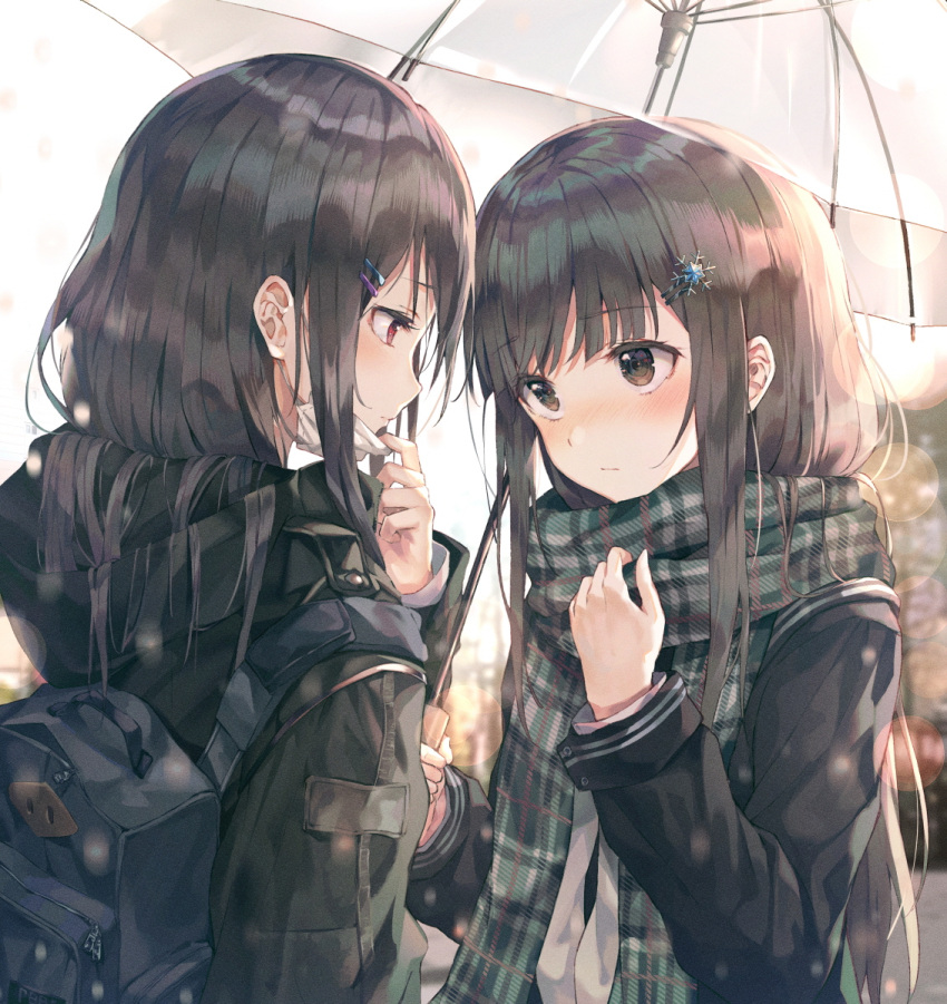 2girls adjusting_scarf backpack bag black_jacket black_scarf blush brown_eyes brown_jacket closed_mouth enpera eye_contact green_scarf hair_flowing_over hair_ornament hairclip highres holding holding_umbrella hood hooded_jacket huwari_(dnwls3010) jacket long_hair long_sleeves looking_at_another mask mask_pull mouth_mask multiple_girls original plaid plaid_scarf red_eyes scarf school_uniform shared_umbrella snowflake_hair_ornament surgical_mask transparent transparent_umbrella umbrella uniform yuri