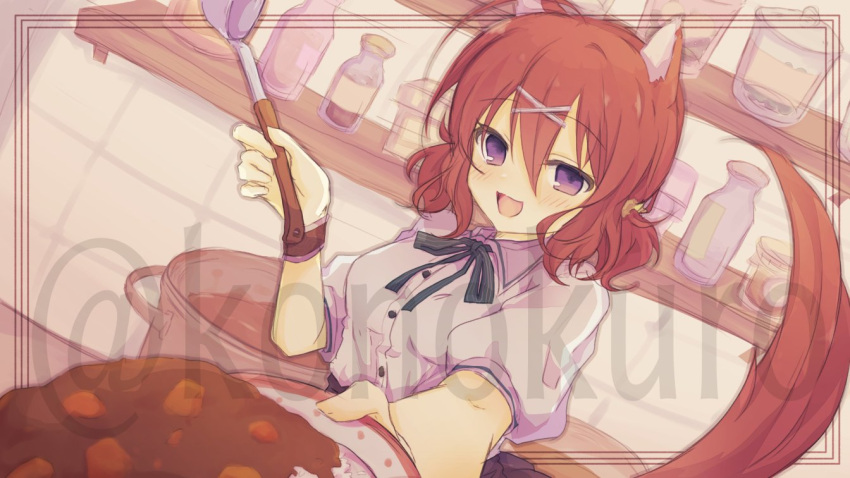 1girl :d ahoge amairo_islenauts animal_ears black_ribbon blush breasts commentary_request curry curry_rice double-parted_bangs dutch_angle food foreshortening hair_between_eyes hair_ornament holding holding_ladle holding_tray incoming_food indoors konoquro ladle looking_at_viewer masaki_gaillard medium_breasts medium_hair neck_ribbon open_mouth puffy_short_sleeves puffy_sleeves purple_eyes red_hair red_tail ribbon rice shirt short_sleeves smile solo tail tail_raised tray twitter_username upper_body white_shirt wolf_ears wolf_girl wolf_tail x_hair_ornament