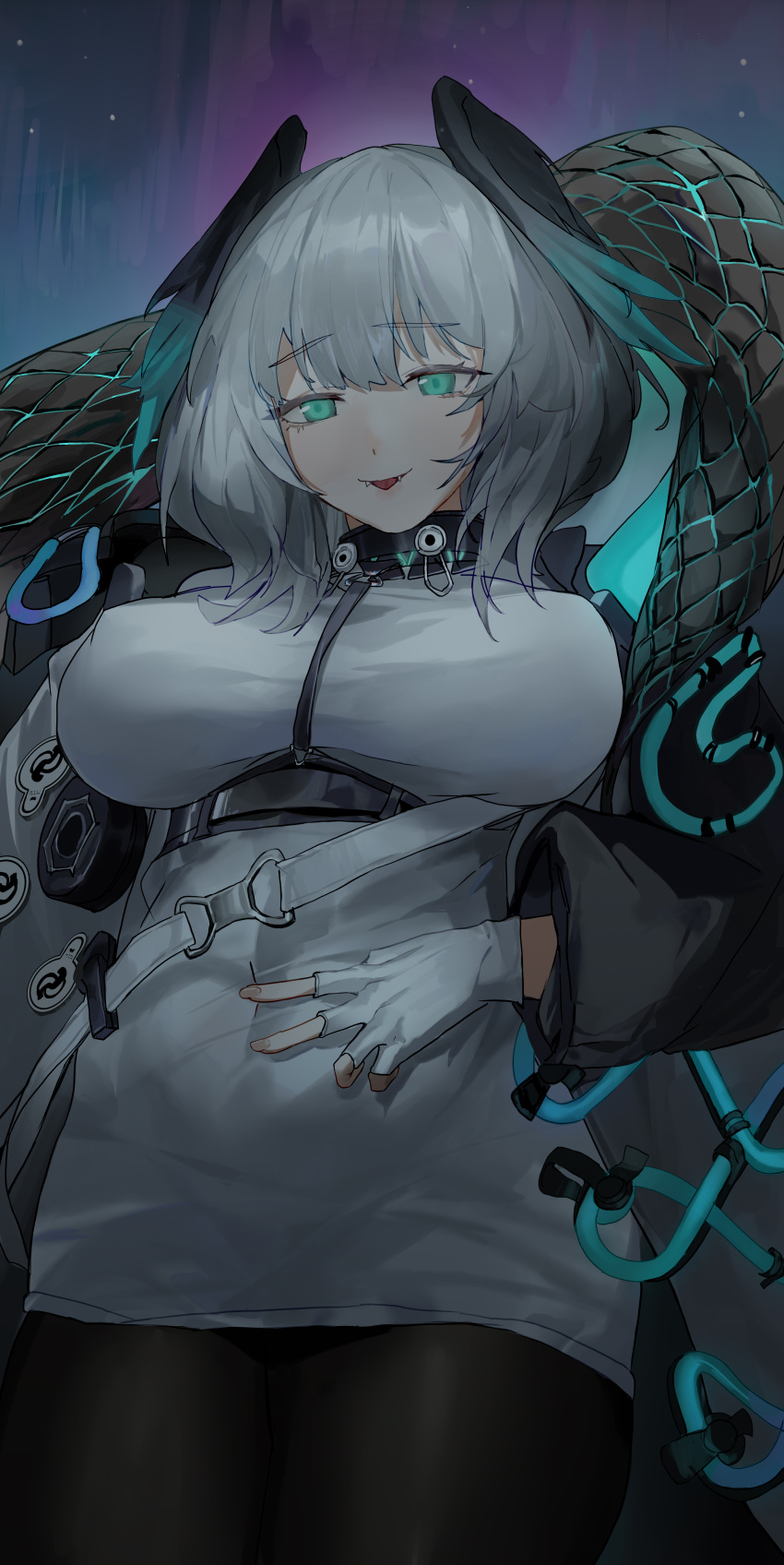 1girl absurdres arknights aurora belt between_breasts black_feathers black_pantyhose black_wings blue_eyes blue_feathers blue_tail blue_wings breasts dress fangs feathered_wings feathers fingerless_gloves fingernails fish_(red_star_child) gloves grey_hair hair_between_eyes head_wings highres ho'olheyak_(arknights) infection_monitor_(arknights) large_breasts long_sleeves long_tail looking_at_viewer pantyhose pencil_dress smile snake_tail solo strap_between_breasts tail tongue white_belt white_dress white_gloves wings