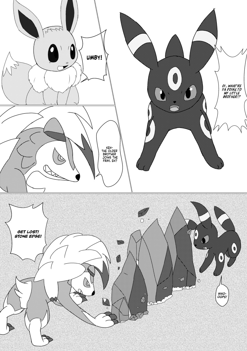 absurd_res ambiguous_gender attack black_and_white comic dialogue dipstick_tail dokuase ear_markings eevee eeveelution english_text facial_markings feral forehead_markings fur generation_1_pokemon generation_2_pokemon generation_7_pokemon greyscale group hard_translated head_markings hi_res leg_markings lycanroc markings midnight_lycanroc monochrome multicolored_body multicolored_fur neck_tuft nintendo pointy_speech_bubble pokemon pokemon_(species) relieved ring_(marking) rock simple_background speech_bubble standing tail tail_markings text translated tuft two_tone_body two_tone_fur umbreon white_background