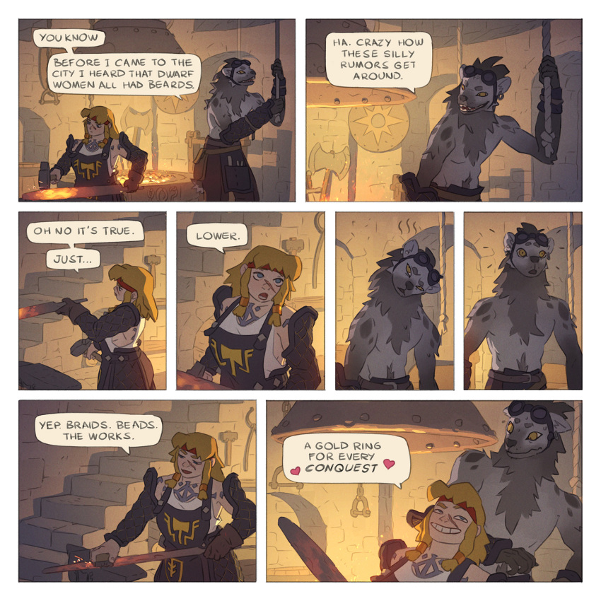 1:1 anthro blacksmith_dwarf_(saintmonstre) blacksmith_gnoll_(saintmonstre) blacksmithing clothing comic dwarf english_text eyewear female fire gnoll goggles hi_res humanoid hyena inside male mammal melee_weapon saintmonstre surprise sword text weapon