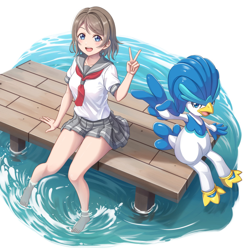 1girl blue_eyes crossover foot_bath full_body grey_hair highres looking_at_viewer love_live! love_live!_sunshine!! neckerchief pier pleated_skirt pokemon pokemon_(creature) pokemon_(game) pokemon_sv quaxwell red_neckerchief sailor_collar school_uniform serafuku sitting skirt tsukimi_seiya uranohoshi_school_uniform v watanabe_you water