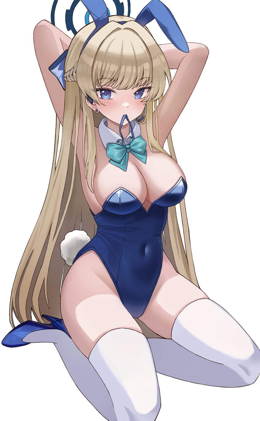 1girl absurdres animal_ears armpits arms_behind_head arms_up bare_arms bare_shoulders blonde_hair blue_archive blue_eyes blue_footwear blue_hairband blue_leotard bow bowtie braid breasts cleavage covered_navel detached_collar earpiece fake_animal_ears fake_tail hair_ribbon hairband halo high_heels highleg highleg_leotard highres leotard long_hair looking_at_viewer medium_breasts mouth_hold official_alternate_costume playboy_bunny rabbit_ears rabbit_tail ribbon seemu_(wnslqjdignv_) seiza simple_background sitting skindentation solo strapless strapless_leotard tail thighhighs thighs toki_(blue_archive) toki_(bunny)_(blue_archive) very_long_hair white_background white_thighhighs