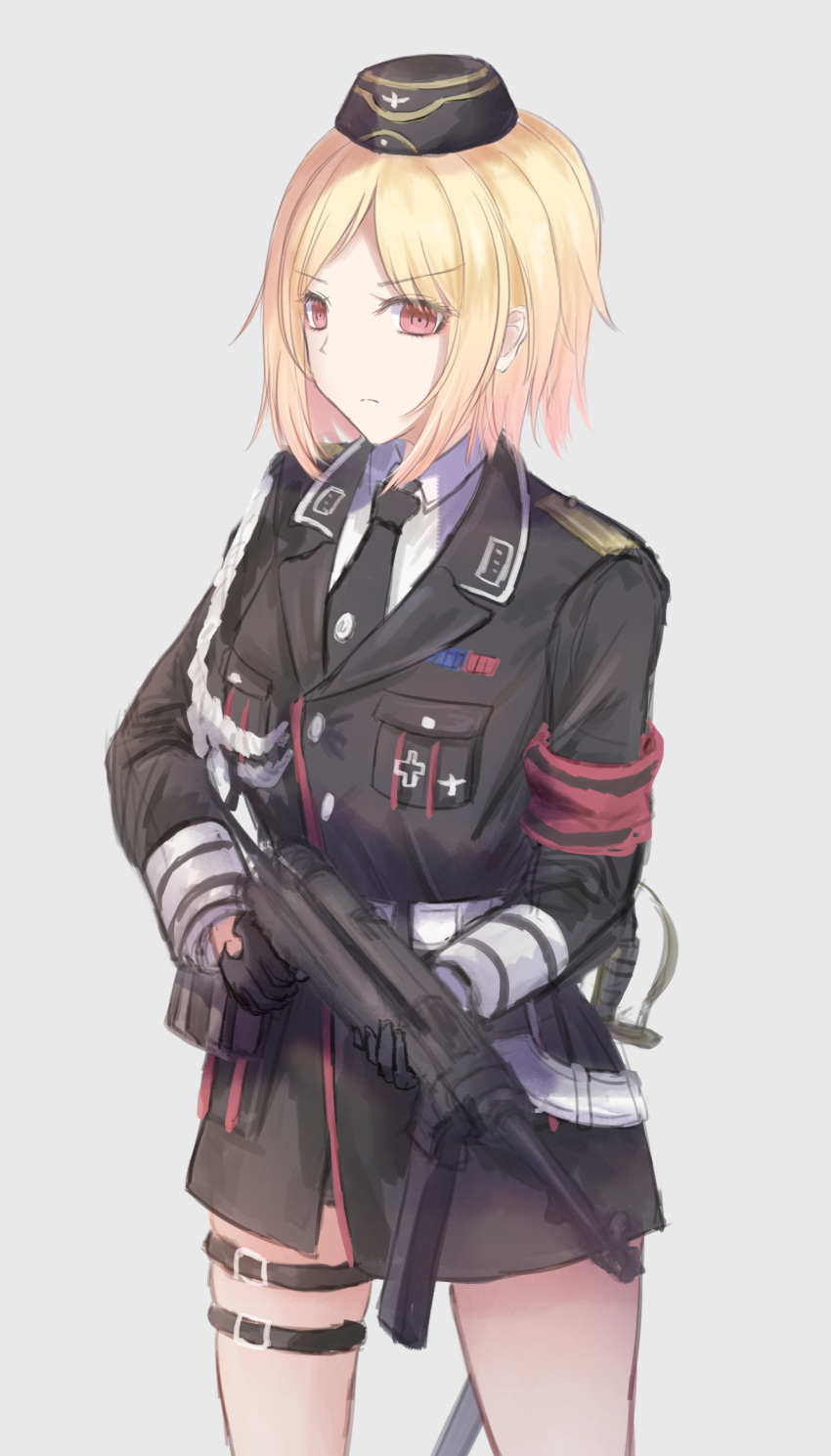 1girl black_gloves black_headwear black_jacket black_necktie blonde_hair brown_eyes closed_mouth commentary garrison_cap girls'_frontline gloves gun hat highres holding holding_gun holding_weapon jacket light_frown long_sleeves looking_at_viewer martinreaction military military_hat military_uniform mp40 mp40_(girls'_frontline) necktie red_armband saber_(weapon) shirt short_hair simple_background solo submachine_gun sword thigh_strap uniform weapon white_background white_shirt
