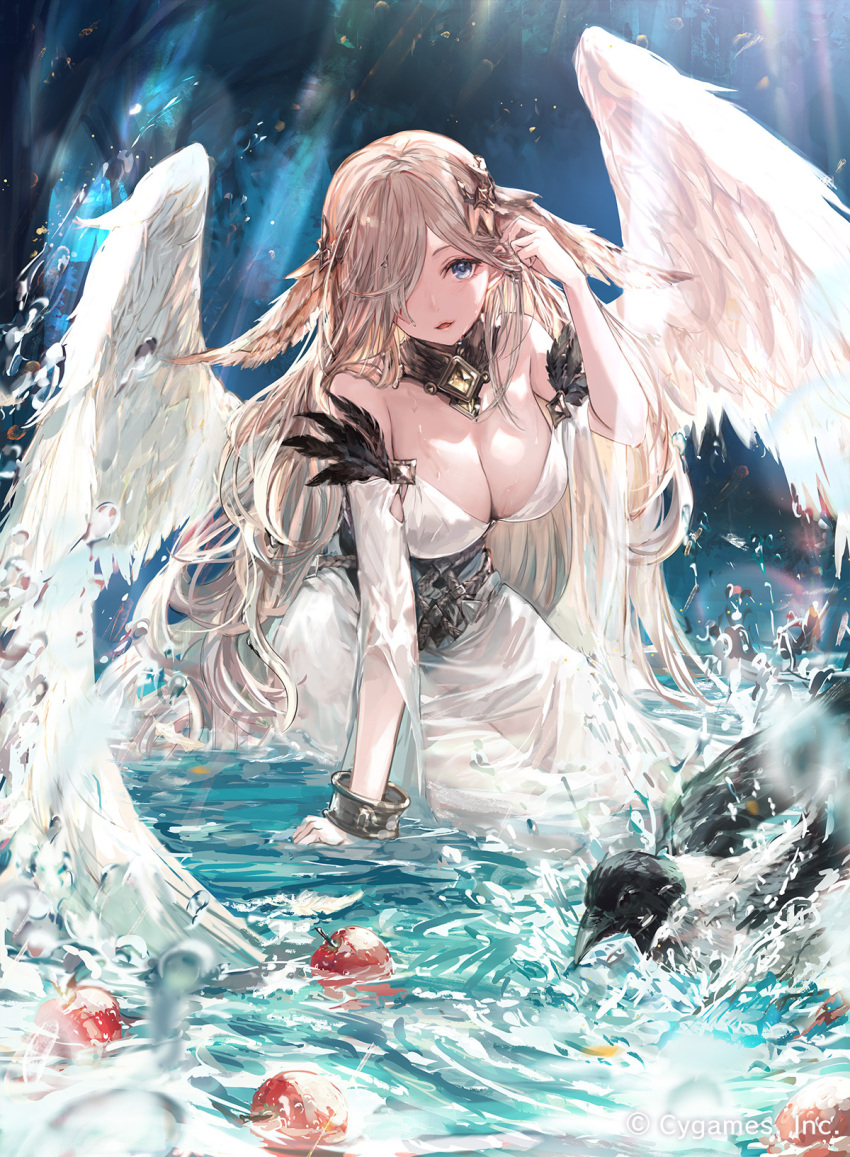 1girl adjusting_hair animal_ears apple arm_up badb_catha bare_shoulders bird black_feathers blonde_hair blue_eyes breasts cleavage commentary_request dress facing_viewer feathered_wings feathers food fruit hair_over_one_eye highres large_breasts large_wings long_hair looking_ahead makihitsuji official_art one_eye_covered open_mouth see-through see-through_dress shadowverse sitting solo very_long_hair water white_dress wings