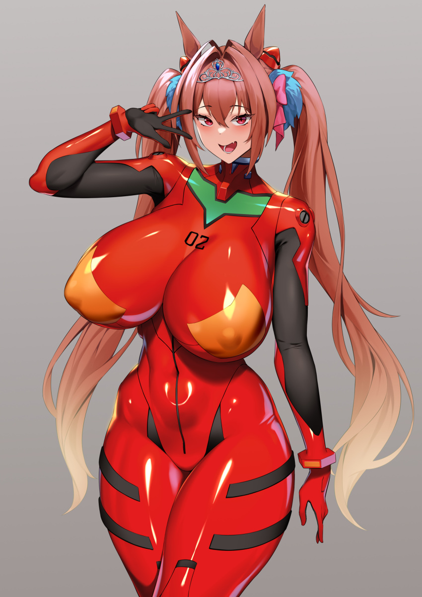 1girl absurdres animal_ears bodysuit breasts brown_hair cosplay covered_navel covered_nipples daiwa_scarlet_(umamusume) ear_ornament gradient_background hair_intakes hairpods highres hip_bones horse_ears horse_girl jingb_dx large_breasts long_hair looking_at_viewer multicolored_bodysuit multicolored_clothes neon_genesis_evangelion open_mouth plugsuit red_bodysuit red_eyes shiny_clothes simple_background skin_tight solo souryuu_asuka_langley souryuu_asuka_langley_(cosplay) twintails umamusume very_long_hair