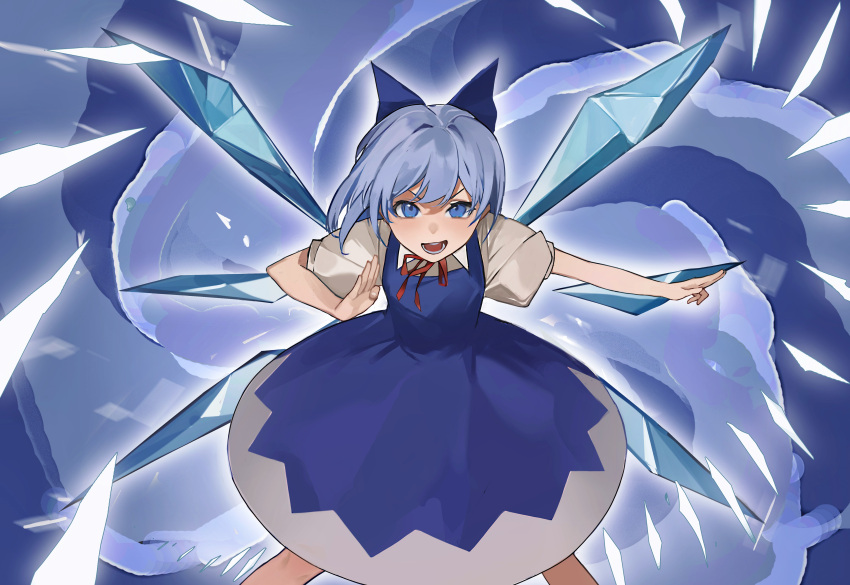 1girl :d absurdres blue_bow blue_dress blue_eyes blue_hair bow cirno danmaku dress flat_chest from_above highres ice ice_wings legs_apart light_blush looking_at_viewer puffy_short_sleeves puffy_sleeves short_hair short_sleeves sidongziban simple_background smile solo teeth touhou v-shaped_eyebrows wings