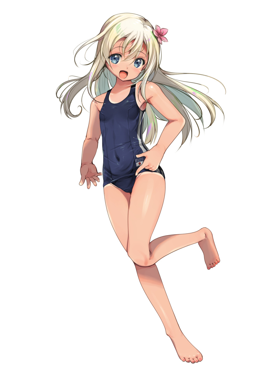 1girl absurdres black_neckerchief black_one-piece_swimsuit blonde_hair blue_eyes blue_sailor_collar breasts covered_navel flower full_body hair_flower hair_ornament highres kantai_collection long_hair looking_at_viewer neckerchief old_school_swimsuit one-piece_swimsuit one-piece_tan open_mouth ro-500_(kancolle) sailor_collar school_swimsuit small_breasts smile solo swimsuit tan tanlines yashin_(yasinz)