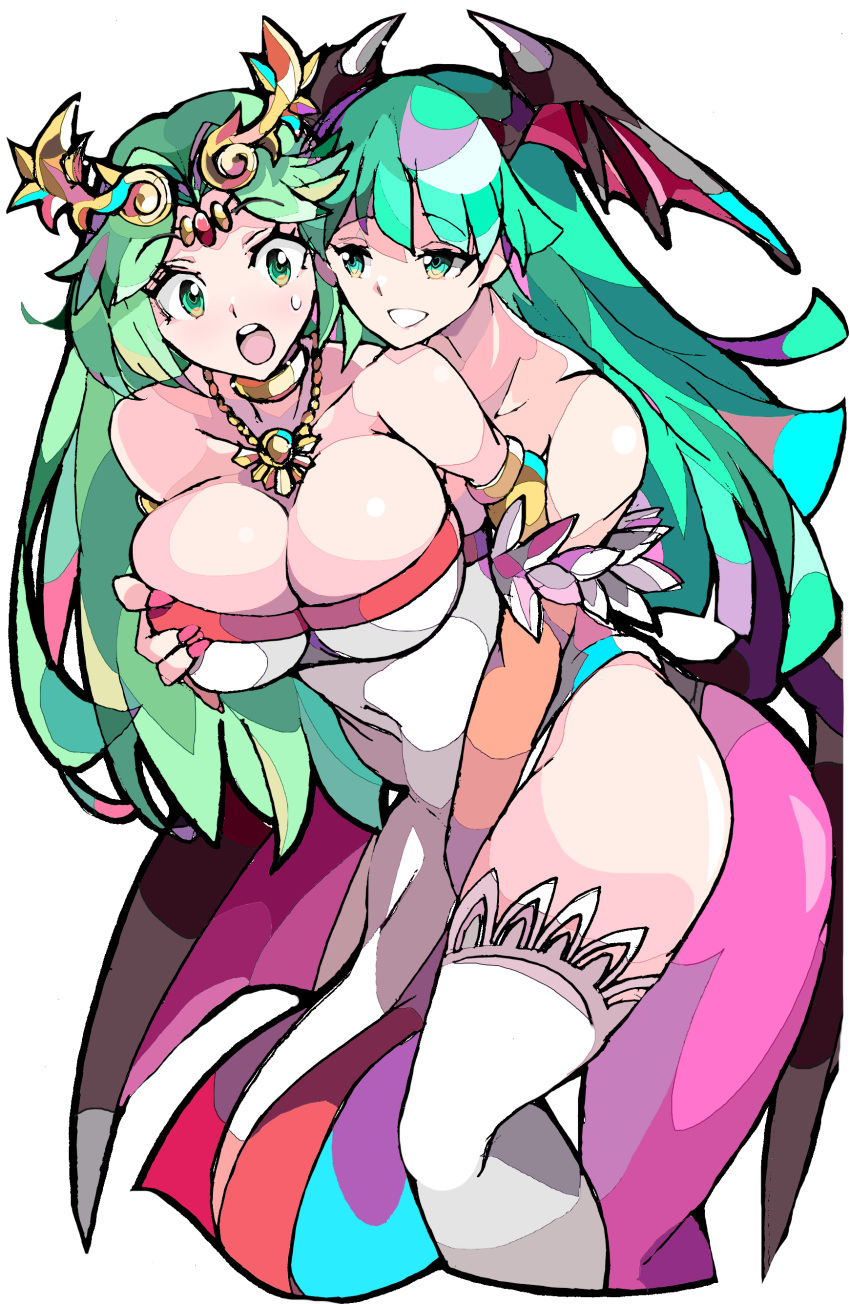 absurdres bare_shoulders breasts chiton demon_girl demon_wings dress enpe grabbing grabbing_another's_breast green_eyes green_hair head_wings highres jewelry kid_icarus laurel_crown long_hair looking_at_another morrigan_aensland necklace open_mouth palutena sexual_harassment smile strapless strapless_dress super_smash_bros. thighhighs vampire_(game) white_background white_thighhighs wings yuri