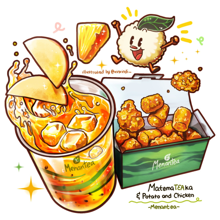 chicken_nuggets cup drink food food_focus fruit highres leaf no_humans original pineapple pineapple_slice rice shadow sparkle still_life tater_tots tea xindi