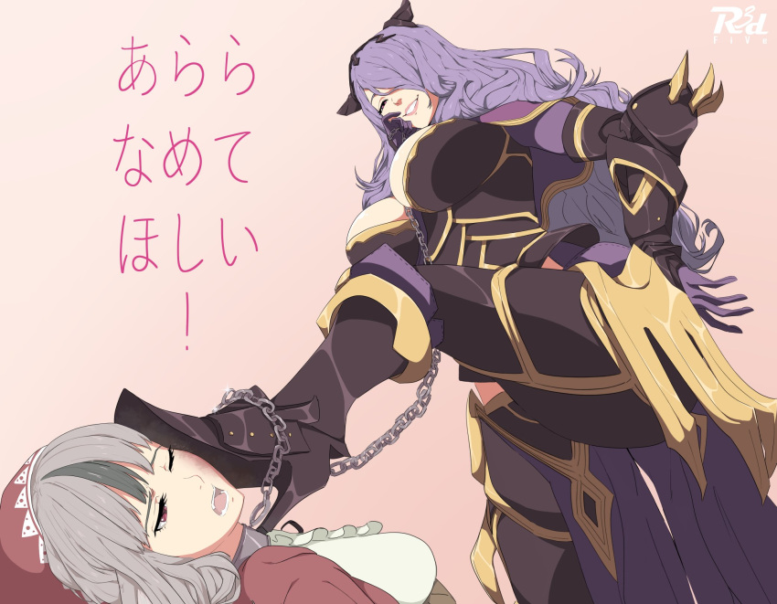 2girls armor black_armor boots breasts brown_eyes camilla_(fire_emblem) chain femdom fire_emblem fire_emblem_fates foot_on_another's_face from_below gloves grey_hair hair_over_one_eye highres hood large_breasts long_hair mature_female multicolored_hair multiple_girls pink_background purple_hair r3dfive signature stepped_on velouria_(fire_emblem) yuri