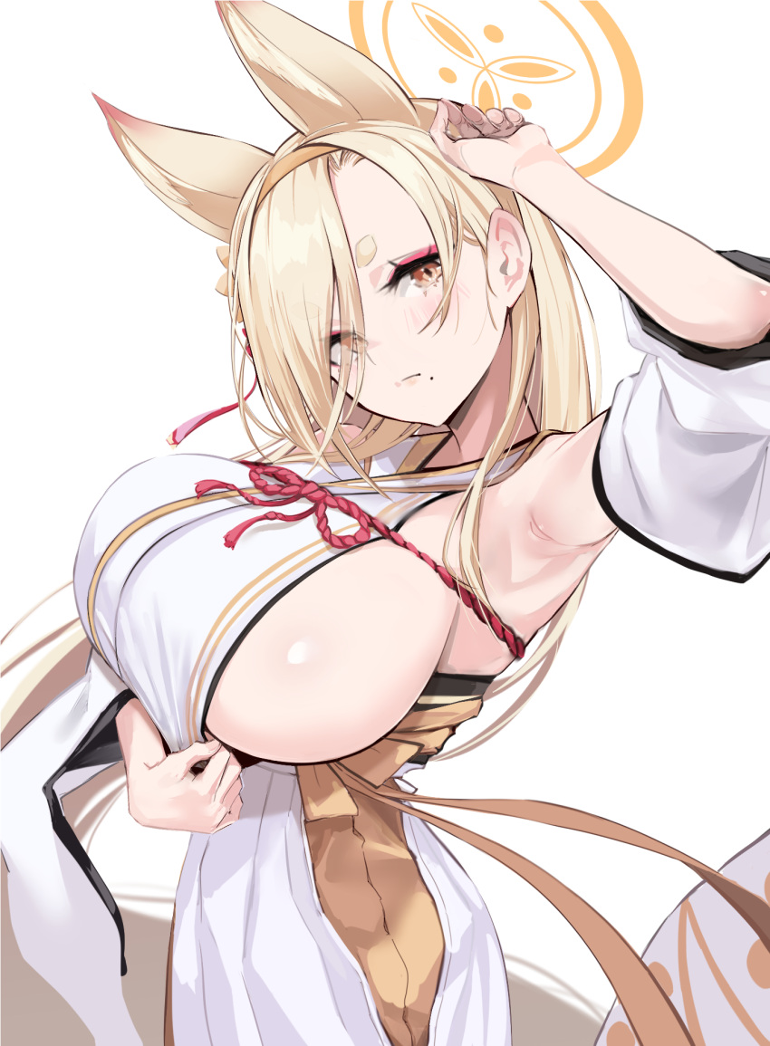 1girl animal_ears arm_up armpits blonde_hair blue_archive blush breasts brown_eyes closed_mouth commentary_request cowboy_shot detached_sleeves fox_ears hair_over_one_eye hairband hakama halo head_tilt highres japanese_clothes kaho_(blue_archive) kimono large_breasts long_hair looking_at_viewer mappaninatta mole mole_under_mouth orange_hairband red_eyeliner sideboob solo thick_eyebrows white_hakama white_kimono