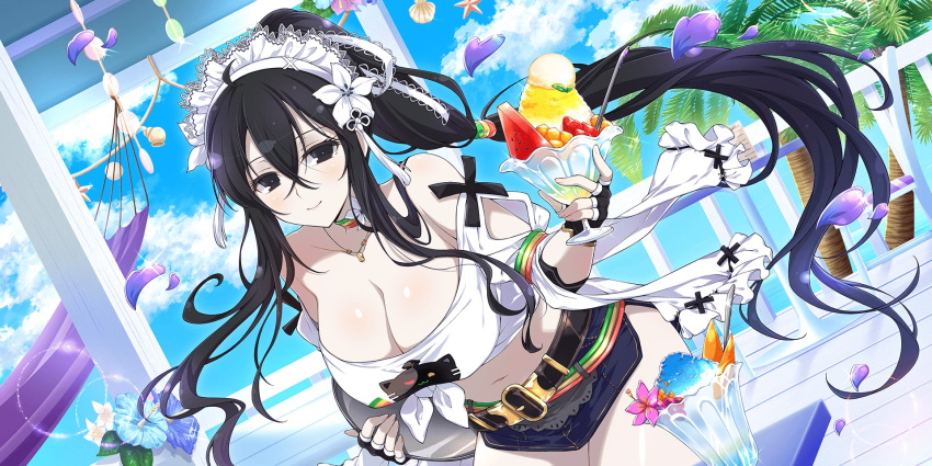 1girl animal_print belt black_eyes black_hair blue_flower blue_sky breasts cat_print choker cleavage cloud cocktail collarbone day falling_petals fingerless_gloves flower food fruit fubuki_(senran_kagura) gloves hair_between_eyes hair_flower hair_ornament hammock hibiscus highres holding holding_tray ice_cream_cup ice_cream_spoon jewelry large_breasts long_hair looking_at_viewer midriff miniskirt navel necklace palm_leaf palm_tree petals pink_flower ponytail seashell senran_kagura senran_kagura_new_link shell skirt sky slushie smile solo spoon starfish strawberry tassel tassel_hair_ornament tray tree tropical tropical_drink very_long_hair watermelon watermelon_slice white_flower