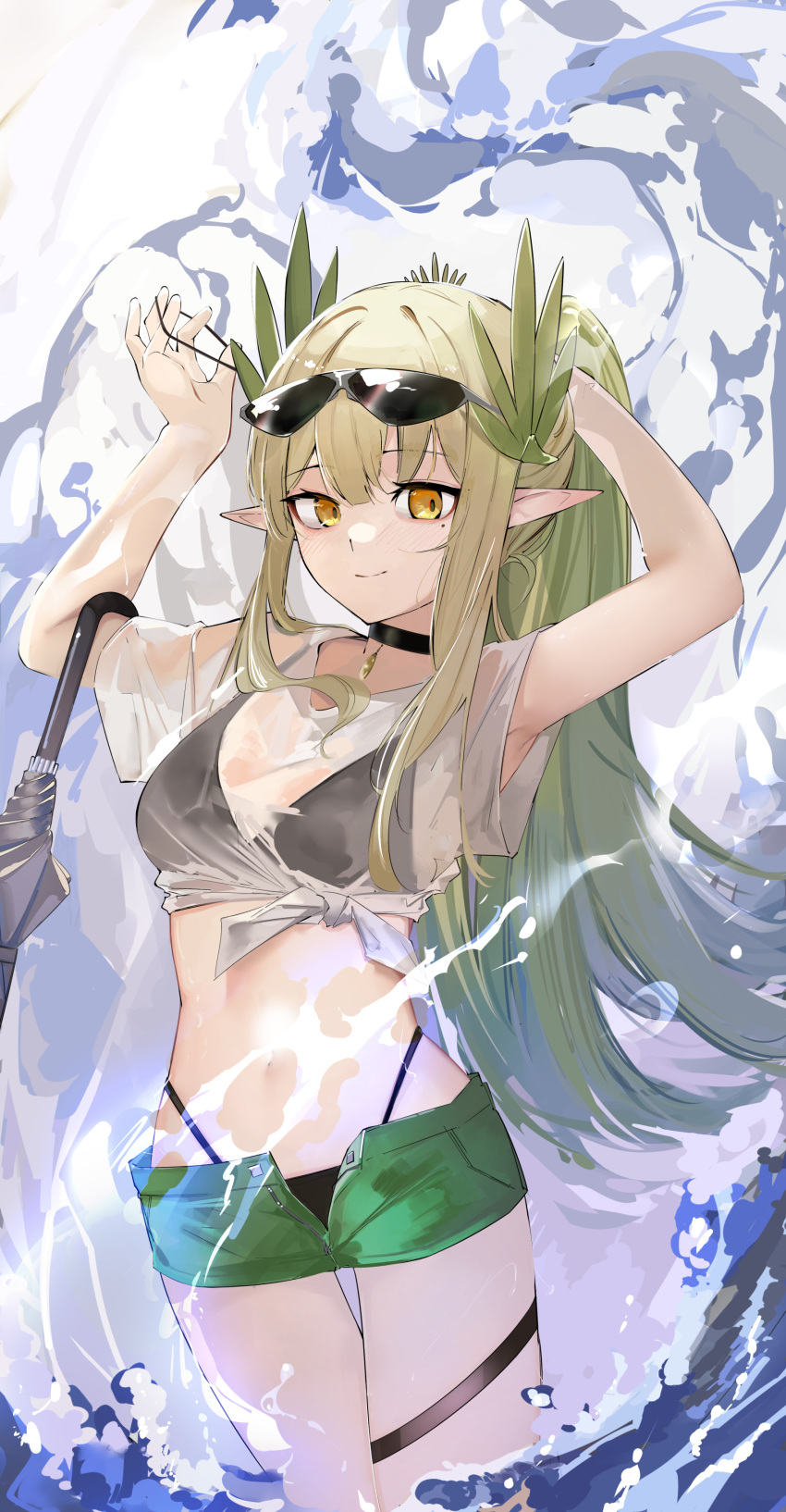 1girl absurdres ao_oni_(onioni-aoi) arknights arms_up bikini bikini_under_clothes black_bikini black_choker breasts choker cowboy_shot eyewear_on_head green_hair green_shorts high-waist_bikini highres laurels long_hair looking_at_viewer mole mole_under_eye muelsyse_(arknights) navel open_fly pendant_choker pointy_ears ponytail see-through see-through_shirt shirt short_sleeves shorts sidelocks small_breasts smile solo stomach sunglasses swimsuit thigh_strap tying_hair umbrella umbrella_on_arm very_long_hair water white_shirt yellow_eyes