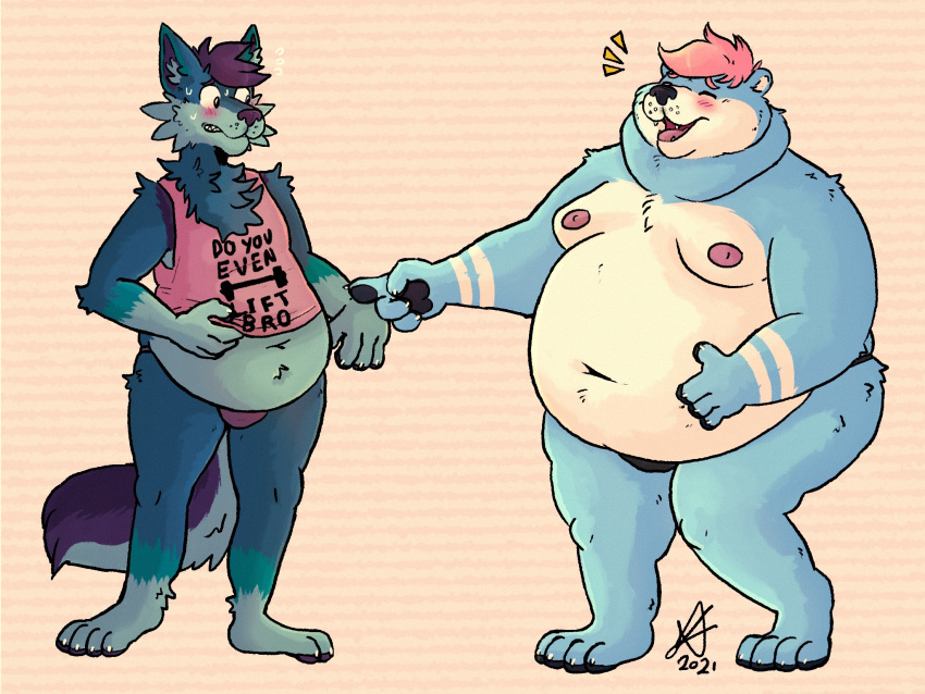 anthro bear belly belly_overhang blue_body blue_fur blush canid canine canis clothed clothing embarrassed fur hair hi_res jockstrap jockstrap_only laugh male mammal mutual_weight_gain obese obese_anthro obese_male overweight overweight_anthro overweight_male pink_hair purple_hair raccoonkind series small_clothing syrup topless toza underwear underwear_only weight_gain wolf yukon
