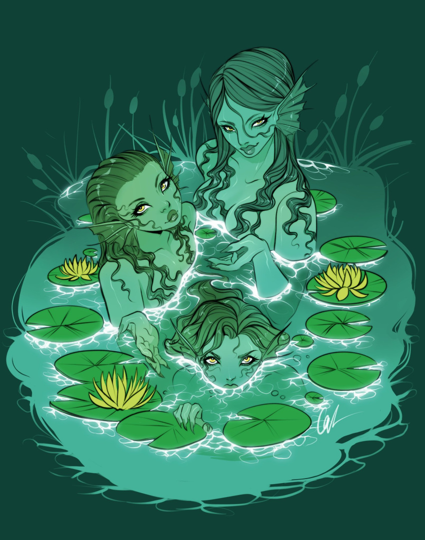3girls cattail colored_skin commentary english_commentary fins green_skin green_theme head_fins highres lily_pad looking_back medium_hair messy_hair missupacey monster_girl multiple_girls mythological_creature original partially_submerged plant siren_(mythology) water water_lily_flower yellow_eyes
