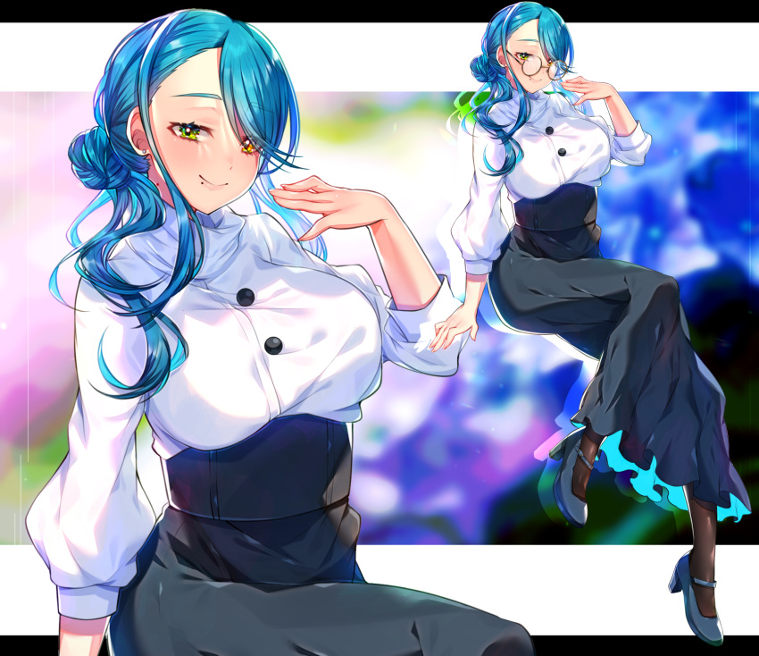 1girl akirannu black_pantyhose blue_footwear blue_hair blue_skirt breasts closed_mouth drop_shadow earrings full_body glasses green_eyes hand_up heterochromia high-waist_skirt highres jewelry large_breasts letterboxed long_hair long_skirt long_sleeves looking_at_viewer mole mole_under_mouth original pantyhose puffy_long_sleeves puffy_sleeves shirt skirt smile stud_earrings variations white_shirt yellow-framed_eyewear yellow_eyes