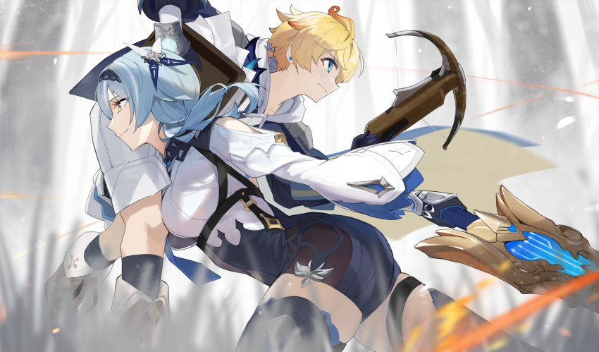 1boy 1girl black_gloves black_hairband black_socks blonde_hair blue_cape blue_eyes blue_hair blue_jacket blue_necktie blush boots breasts brown_footwear cape chest_harness clothing_cutout cowboy_shot crossbow ear_piercing eula_(genshin_impact) fleeing forest full_body genshin_impact gloves grass greatsword hairband harness high-waist_shorts highres holding holding_crossbow holding_sword holding_weapon hood hoodie jacket lempika long_sleeves looking_afar medium_breasts medium_hair mika_(genshin_impact) nature necktie piercing short_ponytail shorts shoulder_cutout smile socks song_of_broken_pines_(genshin_impact) sword thigh_boots weapon white_shorts white_sleeves wide_sleeves yellow_eyes