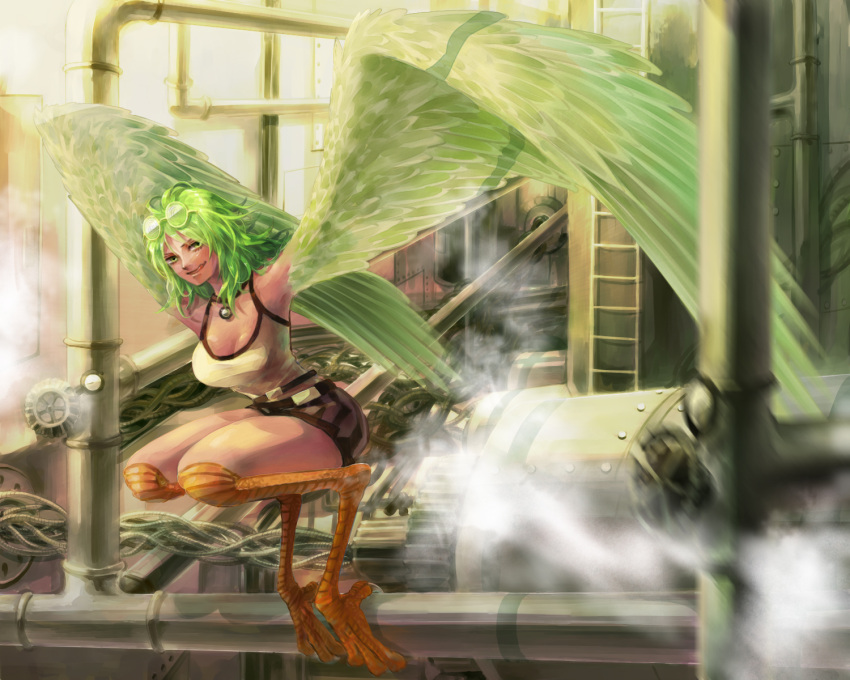 1girl bell bird_legs black_choker breasts cgiftrsnut choker factory feathers goggles goggles_on_head green_feathers green_hair harpy highres indoors large_breasts long_hair looking_at_viewer mechanism miniskirt monet_(one_piece) monster_girl neck_bell one_piece skirt smile steam tank_top tongue tongue_out white_tank_top winged_arms wings