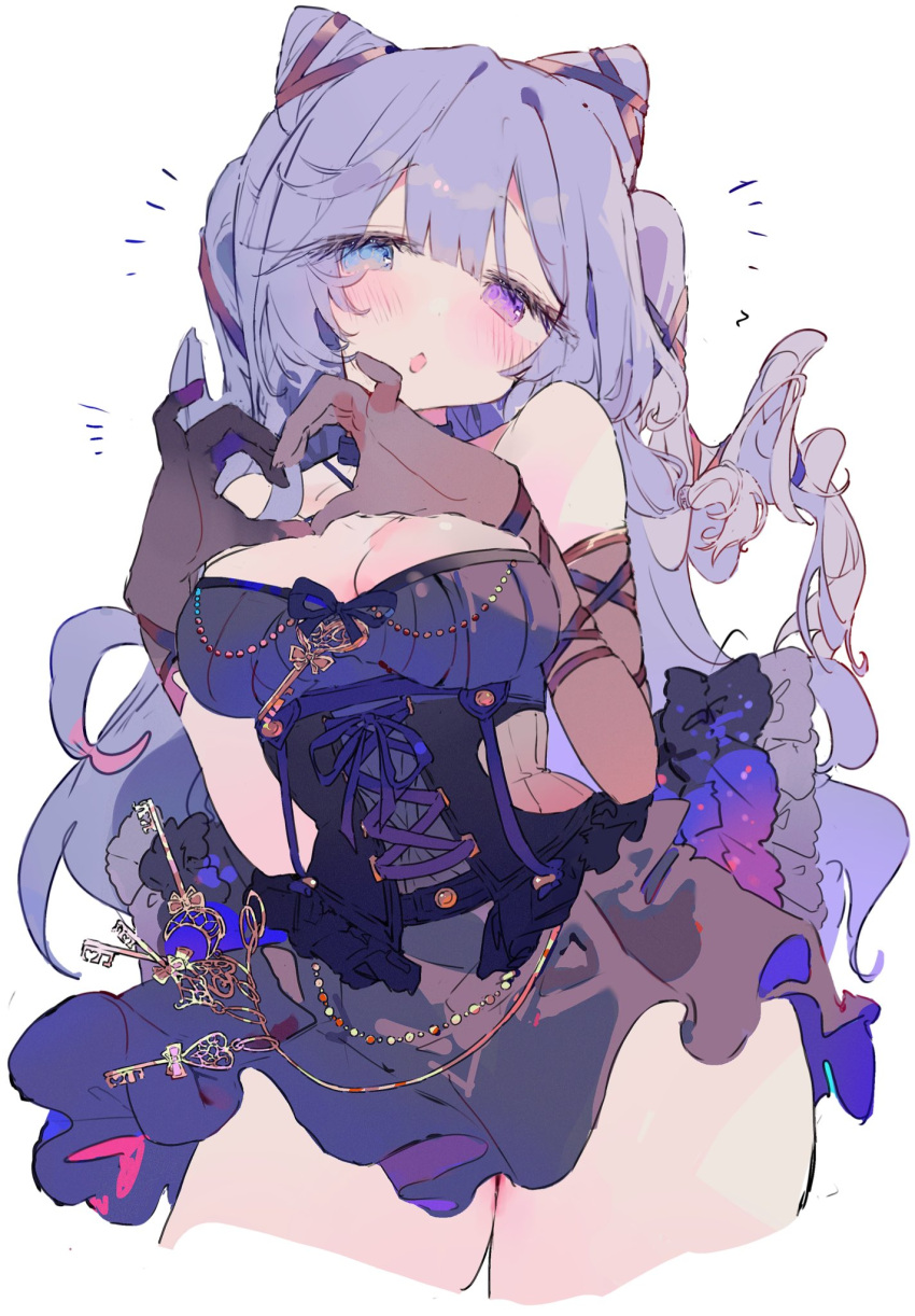 1girl :o bare_shoulders black_dress black_gloves blue_eyes blush bow breasts cleavage cone_hair_bun corset cropped_legs double_bun dress elbow_gloves frilled_dress frills gloves hair_bun head_tilt heart heart_hands heterochromia highres large_breasts long_hair looking_at_viewer medium_breasts o_(jshn3457) open_mouth otogi_nemu parted_lips purple_eyes purple_hair re:act ribbon simple_background solo strapless strapless_dress thighs virtual_youtuber white_background