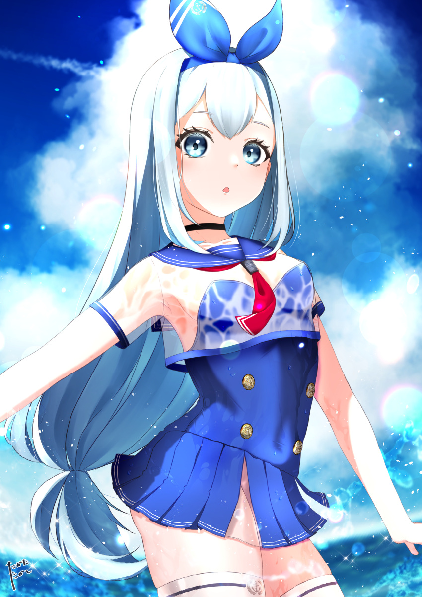 1girl absurdres anchor_(nikke) blue_bow blue_eyes blue_sailor_collar blue_sky bow dress goddess_of_victory:_nikke hair_bow hair_ornament highres long_hair no_panties ocean open_mouth outdoors pleated_skirt sailor_collar sailor_dress school_uniform see-through see-through_shirt serafuku short_sleeves skirt sky solo standing takatatakashi white_dress white_hair zettai_ryouiki