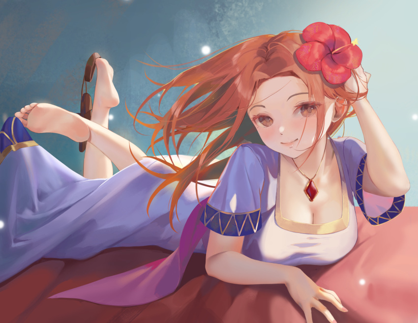 1girl barefoot blue_dress breasts cleavage commission crossed_legs dress feet flower hair_flower hair_ornament hand_in_own_hair highres jewelry looking_at_viewer lying marin_(the_legend_of_zelda) necklace nekobell on_stomach red_hair sandals sandals_removed skeb_commission smile soles solo the_legend_of_zelda the_legend_of_zelda:_link's_awakening the_pose toes