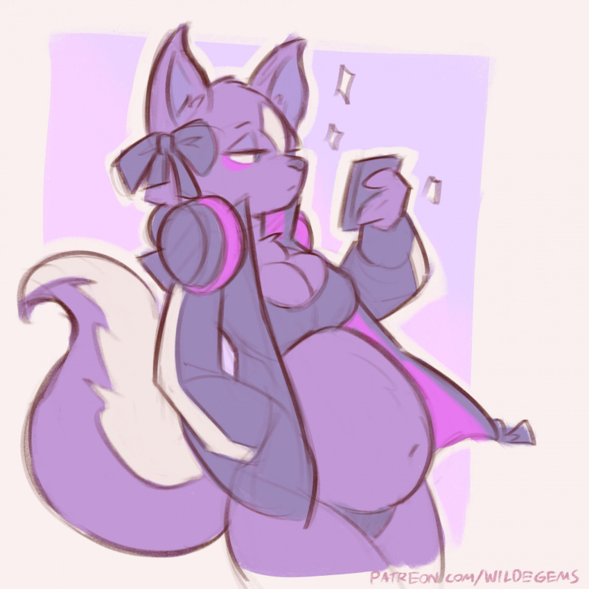 1:1 4_fingers accessory anthro belly big_belly big_tail breasts chest_tuft clothing digital_media_(artwork) female fingers fur headphones hi_res inner_ear_fluff jacket mammal mephitid multicolored_body multicolored_fur phone pregnant pregnant_female purple_body purple_fur ribbons simple_background skunk solo standing tail topwear tuft two_tone_body two_tone_fur two_tone_tail white_background white_body white_fur wildegems