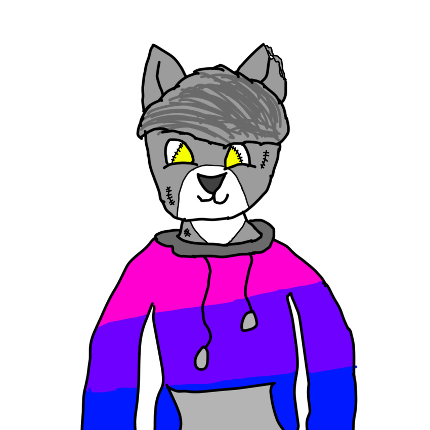 animal_humanoid bisexual_pride_colors canid canid_humanoid canine canine_humanoid canis clothing hi_res humanoid hybrid lgbt_pride male mammal mammal_humanoid plushie plushie-like plushie_transformation pride_color_clothing pride_colors solo solo_focus stitch_(sewing) wolf wolf_humanoid yellow_eyes