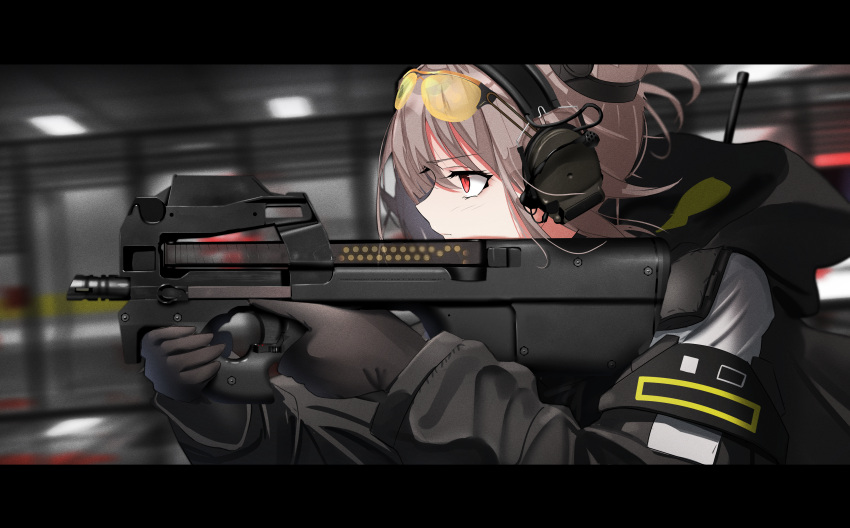 1girl absurdres black_gloves black_jacket blurry blurry_background border brown_hair bullpup closed_mouth earmuffs eyewear_on_head from_side girls'_frontline gloves gun highres holding holding_gun holding_weapon indoors jacket letterboxed long_sleeves p90 p90_(girls'_frontline) red_eyes rynn_(rynn_cube) shooting_glasses solo submachine_gun tinted_eyewear weapon yellow-tinted_eyewear