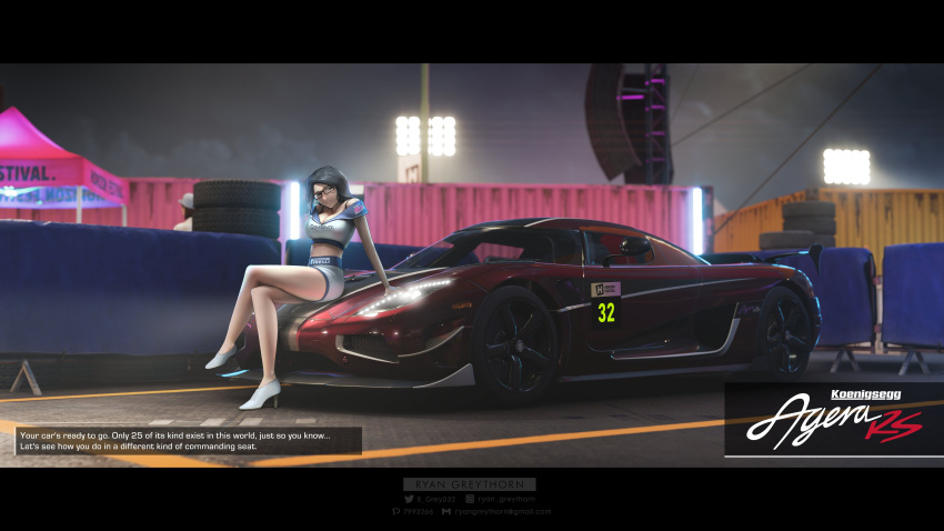 1girl absurdres artist_name black_eyes black_hair breasts cleavage cropped_shirt crossed_legs email_address english_commentary english_text forza forza_horizon_5 glasses head_tilt high_heels highres instagram_logo instagram_username koenigsegg_(automobile) koenigsegg_agera koenigsegg_agera_rs moskva_(ryan_greythorn) on_vehicle original pirelli pixiv_id pixiv_logo race_queen ryan_greythorn screencap_background shirt sitting smile solo twitter_logo vehicle_focus white_footwear white_shirt