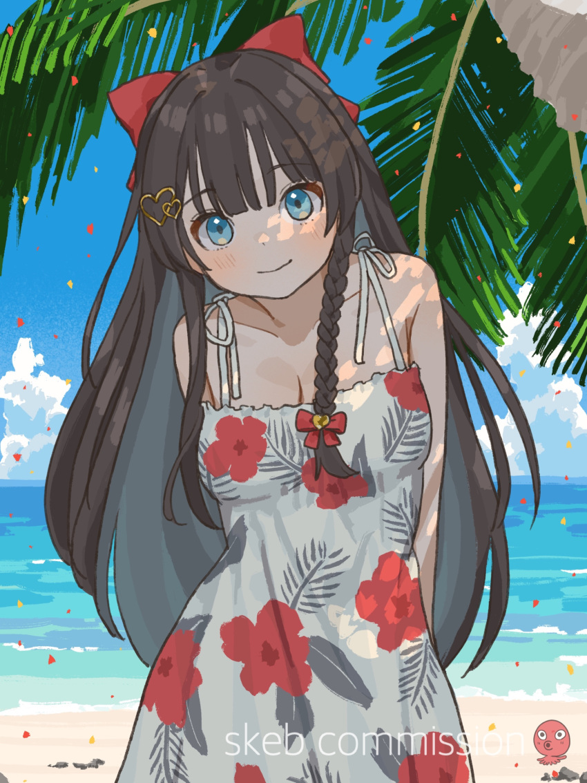 1girl absurdres arms_behind_back artist_logo beach black_hair blue_eyes bow braided_sidelock breasts canty! cleavage closed_mouth coconut_tree commentary_request commission cowboy_shot day dress floral_print hair_bow hair_ornament heart heart_hair_ornament highres long_hair looking_at_viewer ocean original outdoors palm_tree red_bow skeb_commission sky sleeveless sleeveless_dress solo summer tree watermark