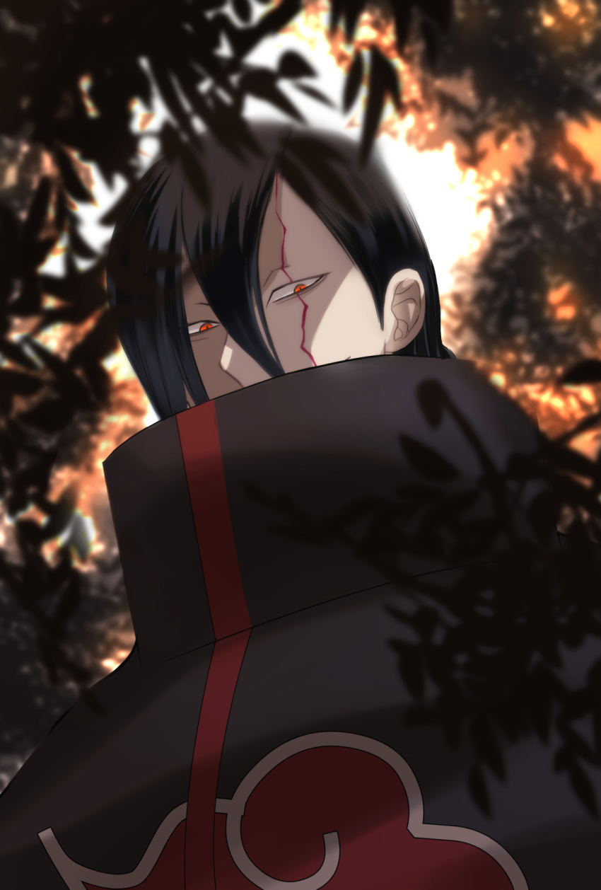 1boy akatsuki_uniform black_clover black_hair cracked_skin crossover forest from_below hair_between_eyes high_collar highres jack_the_ripper_(black_clover) looking_at_viewer male_focus naruto_(series) nature red_eyes short_hair sideburns tree udonmoudon upper_body