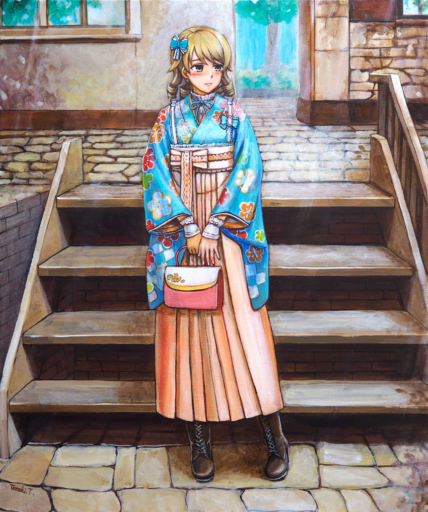 alternate_costume bag blonde_hair blue_kimono blush boots bow brown_eyes brown_footwear closed_mouth cross-laced_footwear floral_print flower full_body hair_bow hair_ornament hakama hakama_skirt handbag highres holding holding_bag idolmaster idolmaster_cinderella_girls idolmaster_cinderella_girls_starlight_stage japanese_clothes kimono long_sleeves looking_to_the_side medium_hair morikubo_nono outdoors print_kimono ribbon skirt solo stairs standing tafuto traditional_media tree wide_sleeves