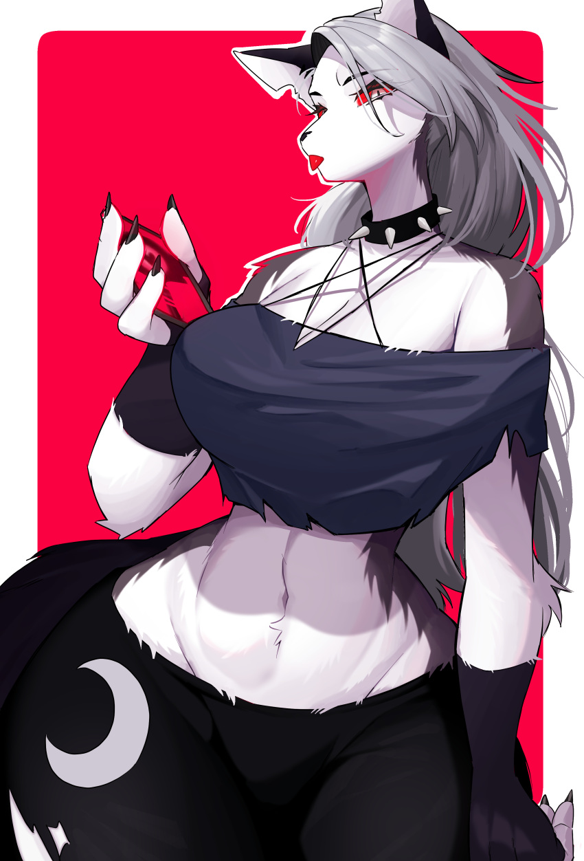 2d_(artwork) 4_fingers absurd_res anthro arm_tuft big_breasts biped black_bottomwear black_claws black_clothing black_collar black_gloves black_handwear black_nails black_shorts blep blue_crop_top border bottomwear breasts canid canid_demon canine canis claws cleavage clothed clothing collar colored colored_nails crescent_(shape) demon denyfake elbow_tuft female fingerless_gloves fingers fluffy fluffy_tail fur gloves grey_body grey_crop_top grey_fur grey_hair hair handwear hellhound helluva_boss hi_res holding_object holding_phone humanoid_hands long_hair looking_at_viewer loona_(helluva_boss) mammal midriff moon nails narrowed_eyes navel notched_ear off_shoulder pentagram phone portrait prick_ears red_background red_sclera sharp_nails shorts simple_background slim small_waist solo spiked_collar spikes standing tail three-quarter_portrait tongue tongue_out torn_clothing tuft white_body white_border white_eyes white_fur wolf