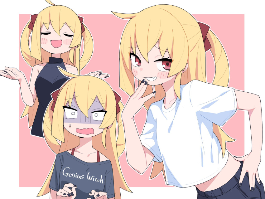 1girl ahoge black_nails blonde_hair blush crop_top crop_top_overhang gloom_(expression) grin hair_ribbon hand_on_own_hip hand_to_own_mouth highres loose_clothes midriff multiple_views nayu_(tensai_majo_no_maryoku_kare) open_mouth red_eyes red_ribbon ribbon shirt shrugging smile smug sweatdrop tensai_majo_no_maryoku_kare two_side_up upper_body white_shirt yachima_tana