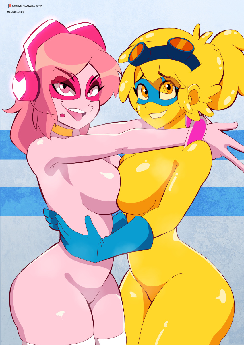 2girls absurdres blonde_hair blue_gloves breasts choker colored_skin cowboy_shot g-lo gloves goggles goggles_on_head headset highres hug looking_at_viewer loquillo medium_breasts miss_heed monster_girl multiple_girls nude open_mouth pink_eyes pink_hair pink_skin shadow slime_girl smile thighhighs tongue tongue_out twitter_username villainous white_thighhighs yellow_choker yellow_eyes yellow_skin yuri