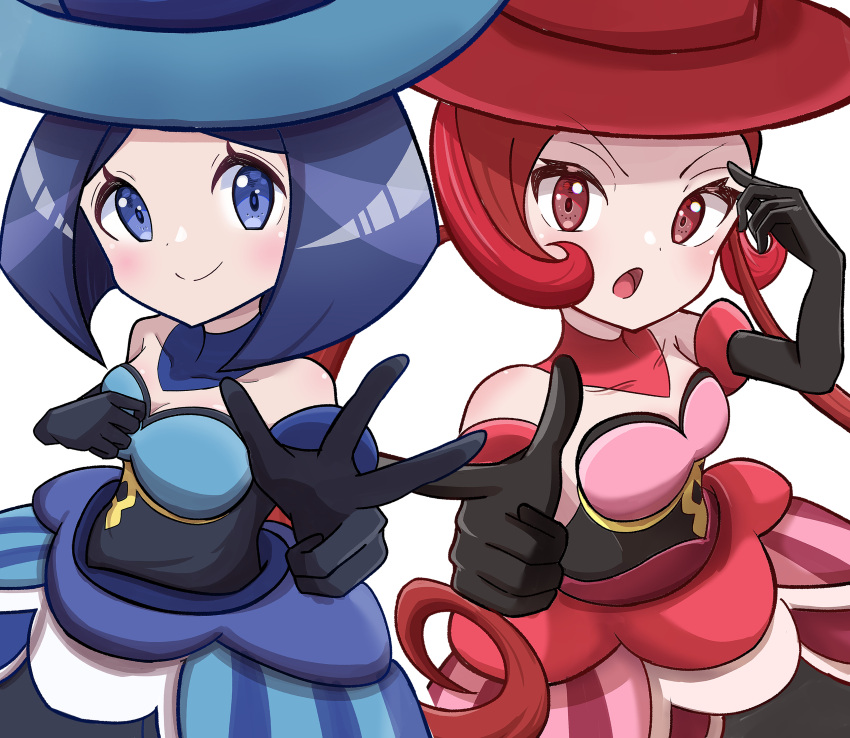 2girls absurdres bare_shoulders battle_chatelaine black_gloves blue_dress blue_eyes blue_hair blue_headwear breasts cleavage closed_mouth dana_(pokemon) dress evelyn_(pokemon) finger_gun gloves hat highres long_hair looking_at_viewer multiple_girls open_mouth pokemon pokemon_(game) pokemon_xy red_dress red_eyes red_hair red_headwear rono_(lethys) short_hair siblings sisters smile strapless strapless_dress w white_background