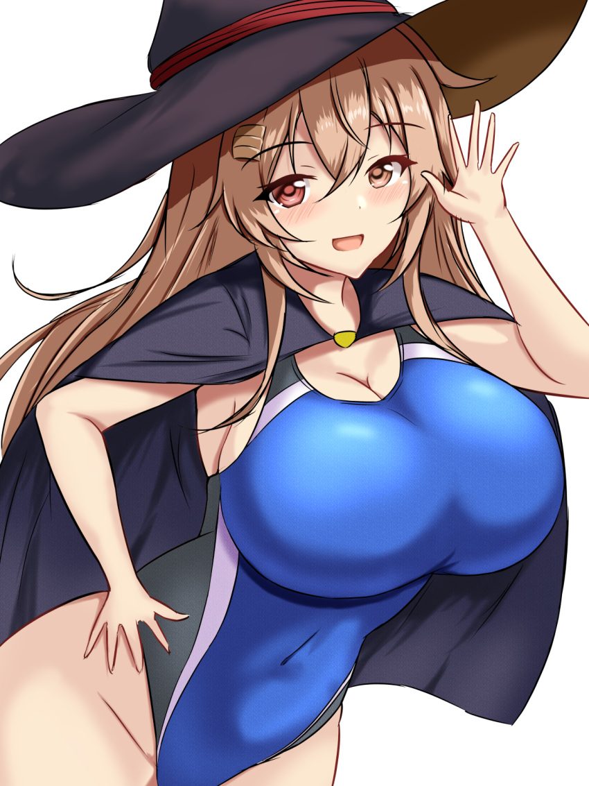 1girl black_cape black_one-piece_swimsuit blue_one-piece_swimsuit blush breasts brown_eyes cape cleavage competition_swimsuit covered_navel cowboy_shot dated hair_between_eyes hair_flaps hair_ornament hairclip halloween halloween_costume hat heterochromia highleg highleg_swimsuit highres impossible_clothes impossible_swimsuit kantai_collection large_breasts light_brown_hair long_hair looking_at_viewer montemasa multicolored_clothes multicolored_swimsuit murasame_(kancolle) murasame_kai_ni_(kancolle) one-hour_drawing_challenge one-piece_swimsuit red_eyes ribbon simple_background smile solo swimsuit twitter_username two-tone_swimsuit two_side_up white_background witch_hat