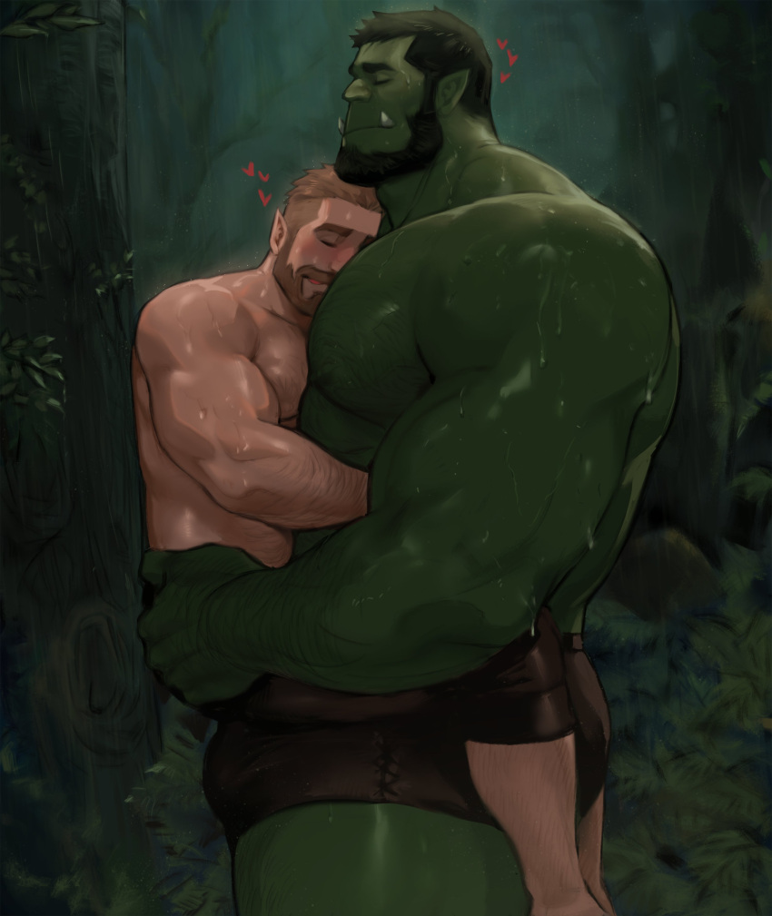 2boys abs absurdres arm_hair ass_grab bara beard between_pectorals blonde_hair blush brown_male_underwear brown_pants bulge carrying chest_hair closed_eyes colored_skin couple cuddling dopey_(dopq) facial_hair forest green_skin hairy hand_on_another's_ass head_between_pecs head_on_head head_rest heart height_difference highres hug interspecies large_hands large_pectorals loving_aura male_focus male_underwear mature_male monster_boy multiple_boys muscular muscular_male nature nipples orc original pants pectorals pointy_ears rain short_hair sideburns size_difference stomach thick_thighs thighs topless_male tusks underwear wet yaoi