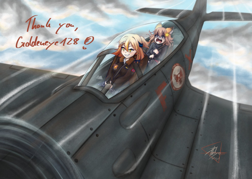 ! 2girls aircraft airplane animal_ears annytf blonde_hair blue_sky brown_hair cloud cloudy_sky controller day english_text flying fox fox_ears fox_girl fox_tail hair_ornament highres holding holding_controller indie_virtual_youtuber multiple_girls open_mouth outdoors phlyo pilot scared seatbelt sky smile star_(symbol) star_hair_ornament tail upside-down vehicle_focus virtual_youtuber wind yellow_eyes