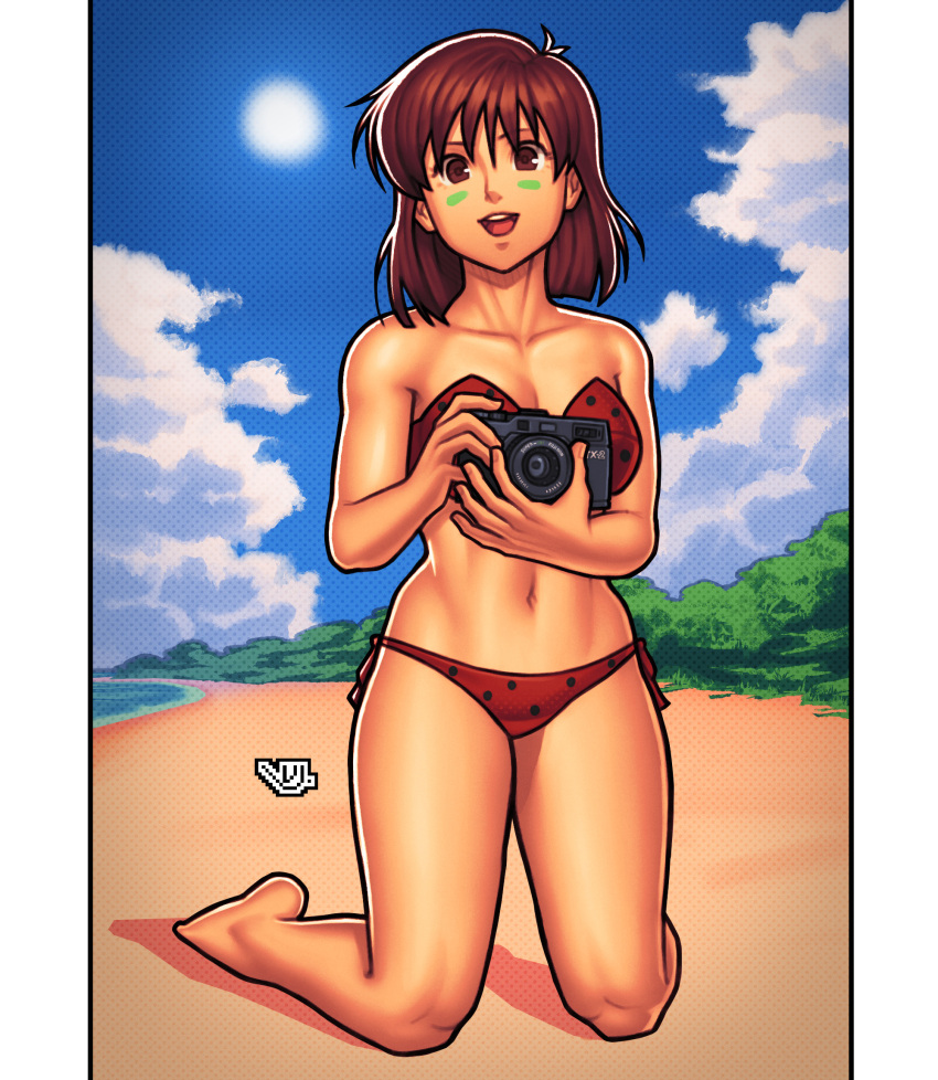 1girl :d bare_shoulders barefoot bikini breasts brown_eyes brown_hair camera collarbone commentary facial_mark full_body highres holding holding_camera kneeling looking_at_viewer medium_breasts navel open_mouth red_bikini short_hair smile solo strapless strapless_bikini sun swimsuit takaya_noriko teeth top_wo_nerae! upper_teeth_only vj99