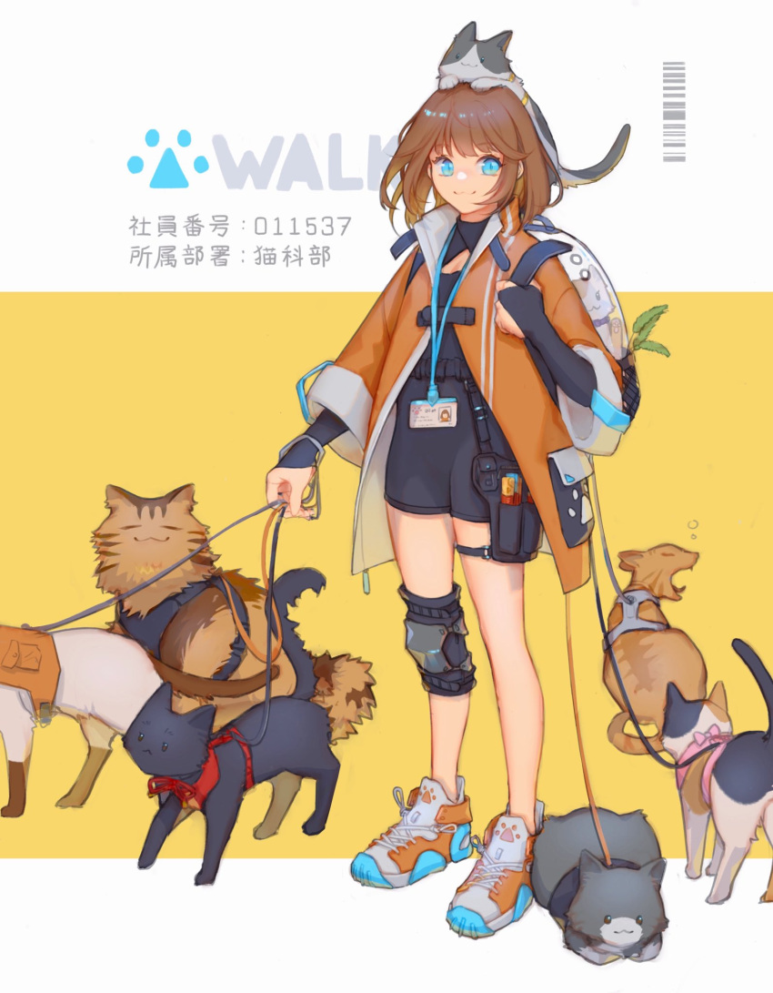 1girl animal_on_head aqua_eyes asymmetrical_legwear backpack bag barcode bridal_gauntlets brown_hair cat closed_mouth coat dddagneo full_body highres holding holding_leash holster knee_pads lanyard leash long_sleeves looking_at_viewer medium_hair multiple_cats on_head orange_coat original shoes single_knee_pad smile sneakers solo thigh_holster yellow_background